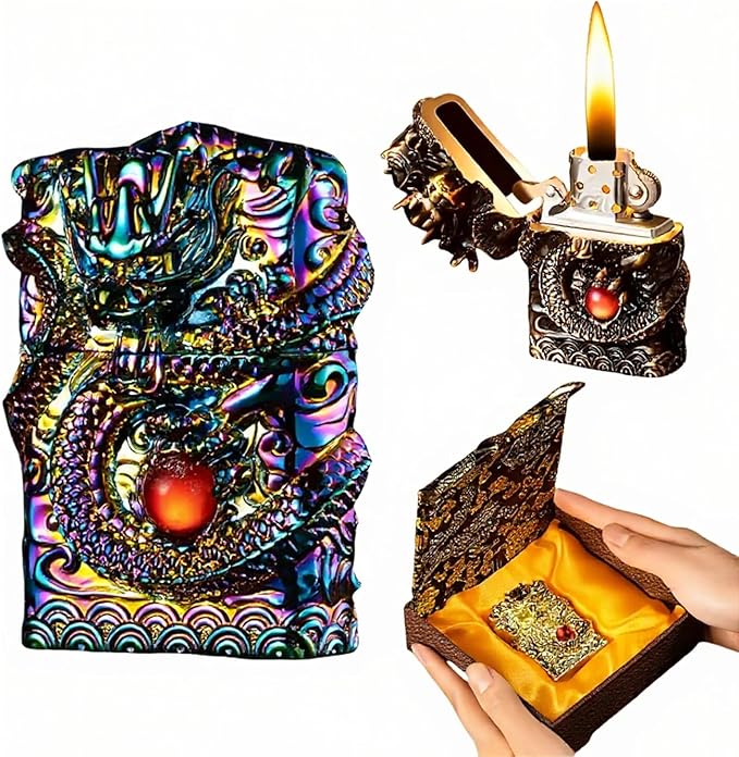 Refillable Kerosene Lighter - Vintage Dragon Design, Windproof Soft Flame Trench Lighter for Men & Women, Collectible Antique Gifts (Colored)