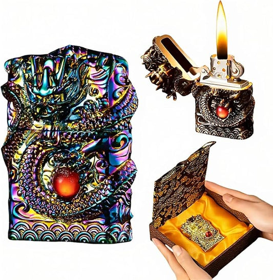 Refillable Kerosene Lighter - Vintage Dragon Design, Windproof Soft Flame Trench Lighter for Men & Women, Collectible Antique Gifts (Colored)