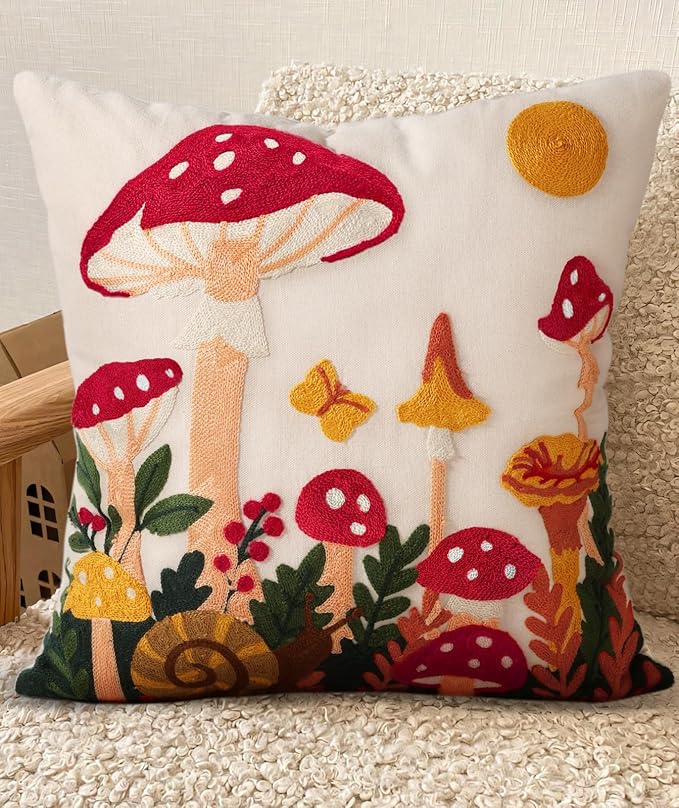 Embroidered Throw Pillow Covers 18x18 Inch - Summer Boho Decorative Pillow Cover with Zipper for Living Room Couch Sofa Bed Aesthetic Design Mushroom Moon Linen Cushion Pillowcase