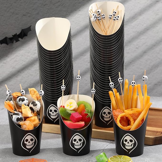 Chengu 260 Pcs Halloween Charcuterie Cups with Picks Sets 60 Pcs 14 oz French paper Appetizer Cups 200 Cocktail Pick Disposable Snack Fruit Stick for Halloween party Decor Supplies(Skull Style)