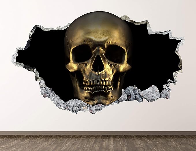 Golden Skull Wall Decal Art Decor 3D Smashed Art Sticker Poster Kids Room Mural Custom Gift BL993 (22"W x 14"H)