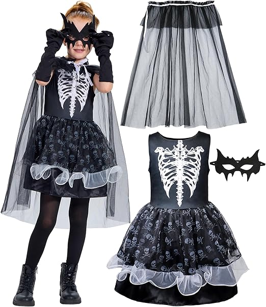 Girls Skeleton Costume, 3 Pcs Dress Cape Eye Mask Suit for Kids Halloween Skull Bone Dress Up Party 4-12 Years