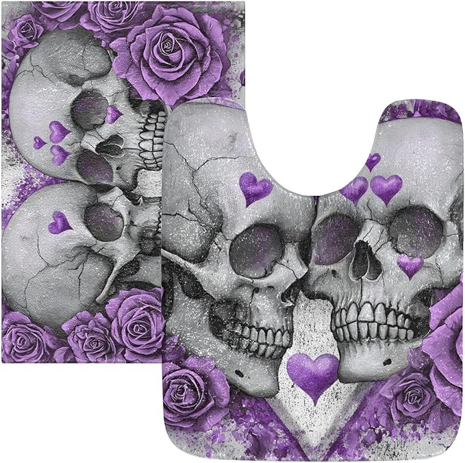 Skulls Purple Rose Bathroom Rug Sets 2 Piece - Super Absorbent, Quick Dry, Soft Plush Anti-Slip. Rectangular (24''x16'') and U-Shaped Toilet Mat (24''x20'')