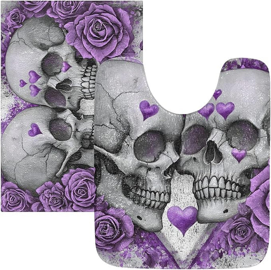 Skulls Purple Rose Bathroom Rug Sets 2 Piece - Super Absorbent, Quick Dry, Soft Plush Anti-Slip. Rectangular (24''x16'') and U-Shaped Toilet Mat (24''x20'')