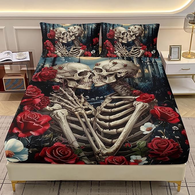 AILONEN 3D Sugar Skull Fitted Sheet Set,Gothic Kissing Lovers Skeleton Bedding Set for Kids Boys Girls Queen Size, 3Pcs Romantic Castle Night Design Bed Sheet Set,1 Fitted Sheet + 2 Pillowcases