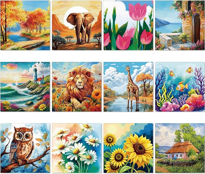 Sherr 12 Pcs Pre Drawn Canvas Pre Printed Canvas Set for Adults Cute Printed to Paint Set Theme Painting for Christmas Party Favor(Mixed Style,8 x 8 Inch)