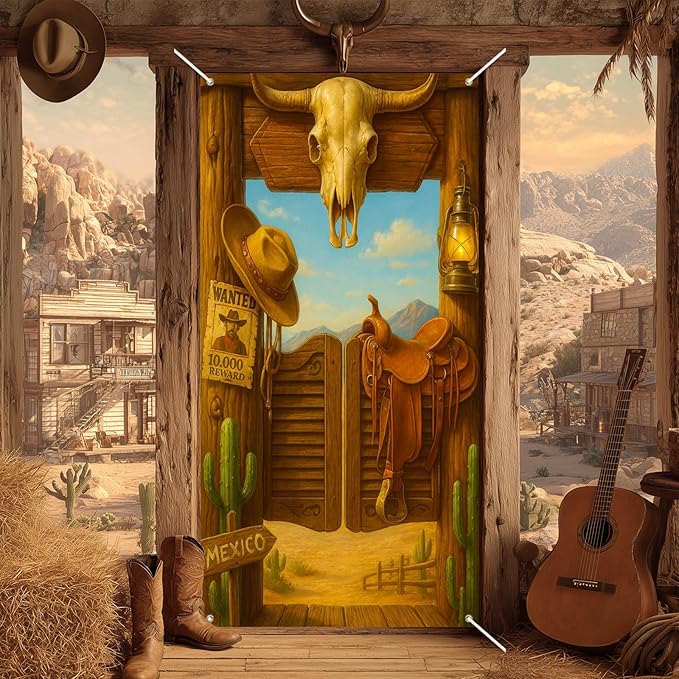 Western Cowboy Door Cover with Cowboy Hat Wanted Poster and Bull Skull Wild West Party Decorations for Indoor Front Door Banners 71x35 Inch