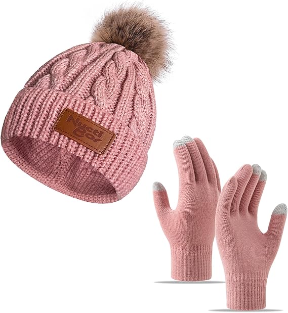 Womens Winter Hats and Gloves Set Gifts, Warm Knit Touchscreen Gloves Beanie Caps with Pom Pom