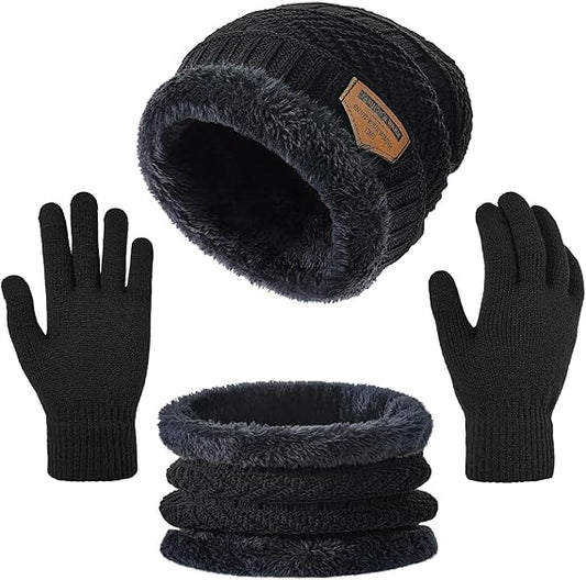 Kids Winter Beanie Hat Scarf Touchscreen Gloves Set for Boys Girls 5-15 Years Warm Skull Cap Fleece Lined Knitted Hat
