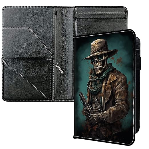 Server Books for Waitress, with 7 Large Pockets, Waiter Serving Book, Waitstaff Server Order Pads, Cute PU Leather Server Book with Pen Holder Fit Server Apron, Skull Cowboy with Gun
