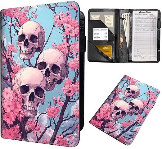 Server Book for Waitress – PU Leather Cute Server Organizer with Zipper Pocket, Card & Money Holder, Pen Loop – Fits Apron – Waitress Book for Servers, Three Skulls