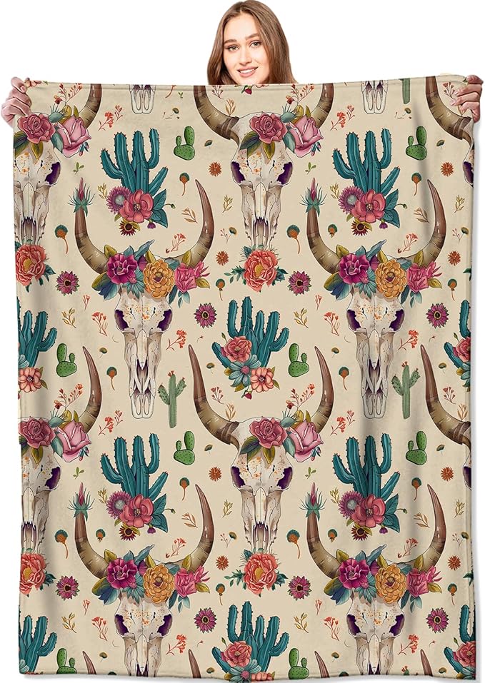 Western Cow Skull Blanket Cactus Boho Throw Blankets,Birthday Gifts for Kids Adult,Lightweight Soft Fleece with Southwestern Style,for Sofa Couch Bed Room Artistic Bohemian Decor 50x60in