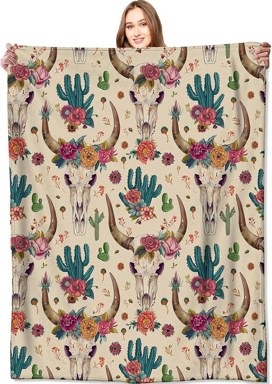 Western Cow Skull Blanket Cactus Boho Throw Blankets,Birthday Gifts for Kids Adult,Lightweight Soft Fleece with Southwestern Style,for Sofa Couch Bed Room Artistic Bohemian Decor 50x60in