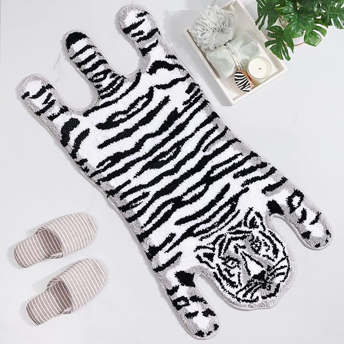 Panstar Tiger Bath Mat for Bathroom, Cute White Tiger Animal Cartoon Bath Mat Non Slip Animals Shaped Absorbent Bathtub Rug Bathroom Plush Shower Rugs