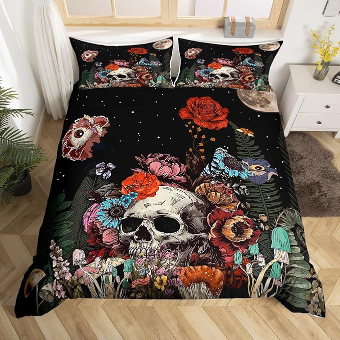 Erosebridal Sugar Skull Bedding Set,Botanical Flower Duvet Cover for Kids Boys Girls Home Decor,Starry Sky Comforter Cover with Zipper Clousure Halloween Gothic Quilt Cover 3Pcs,Queen Size