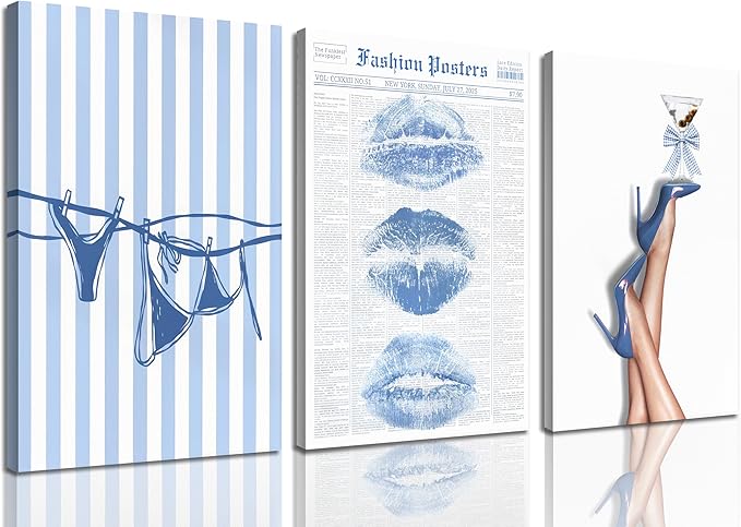 3Pcs Trendy Coquette Wall Art Blue Lips Bikini & Bow Heels Wall Decor Pictures Vintage Martini Newspapaer Canvas Posters Prints for Y2K Girly Room Dorm Apartment Preppy Aesthetic Decor 16x24in