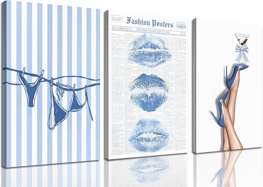 3Pcs Trendy Coquette Wall Art Blue Lips Bikini & Bow Heels Wall Decor Pictures Vintage Martini Newspapaer Canvas Posters Prints for Y2K Girly Room Dorm Apartment Preppy Aesthetic Decor 16x24in