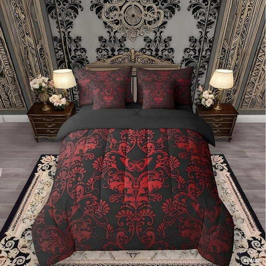 Erosebridal Gothic Damask Bed in a Bag Queen Comforter Set 7 Piece,Butterfly Skull Bedding Sets Red Black Victorian Floral Goth Sheet Set with Comforter
