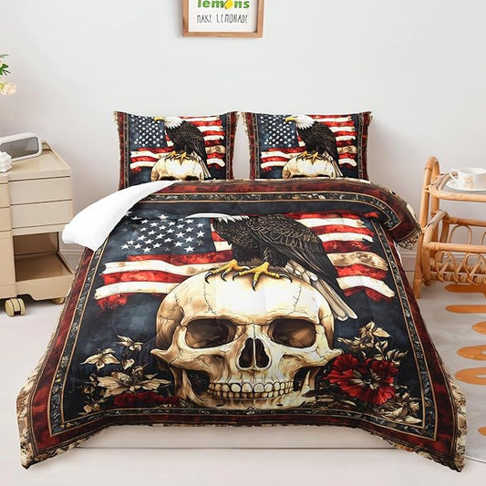 AILONEN Rustic Bald Eagle Bedding Set Full Size,Gothic Skull Comforter with 2 Pillowcases,3-Piece Wild Animal Vintage American Flag Quilt Set for All Season