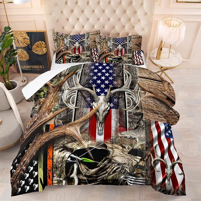 Tailor Shop American Flag Comforter Set for Boys Teens Jungle Western Adventure Hunting Wood Skull Deer Comforter American Flag Bedding Sets Full Size with 1 Comforter 2 Pillowcases…