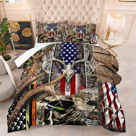 Tailor Shop American Flag Comforter Set for Boys Teens Jungle Western Adventure Hunting Wood Skull Deer Comforter American Flag Bedding Sets Full Size with 1 Comforter 2 Pillowcases…
