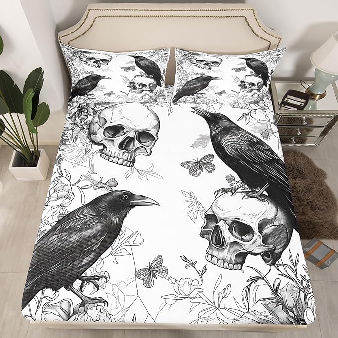 Feelyou Happy Halloween Bed Sheet Set Queen Size Sugar Skull Fitted Sheet for Kids Boys Girls Decor Horror Theme Bedding Set Raven Animal Print Bed Cover Deep Pocket Bedroom Bed Set