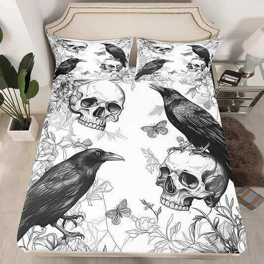 Feelyou Happy Halloween Bed Sheet Set Queen Size Sugar Skull Fitted Sheet for Kids Boys Girls Decor Horror Theme Bedding Set Raven Animal Print Bed Cover Deep Pocket Bedroom Bed Set
