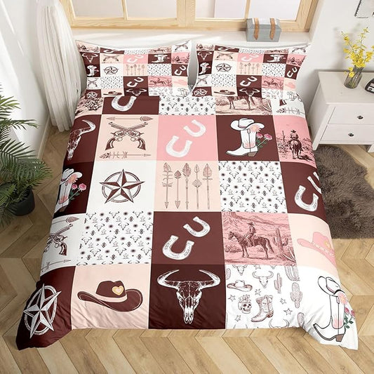 Western Duvet Cover Twin, Cowgirls Bedding Set For Girls Women, American Wild West Patchwork Texas Stars Comforter Cover, Boho Arrows Horseshoe Bull Skull Gun Bedroom Decor Pink Brown Quilt Cover