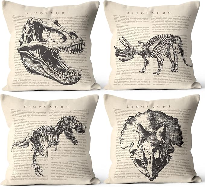 Skull Throw Pillow Covers 18x18 Inch - Vintage Artistic Jurassic Theme Decor for Couch Living Room Play Room Nursery Office Farm (Set of 4)