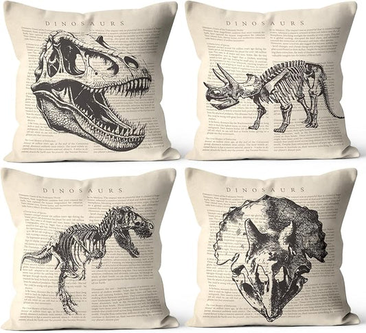 Skull Throw Pillow Covers 18x18 Inch - Vintage Artistic Jurassic Theme Decor for Couch Living Room Play Room Nursery Office Farm (Set of 4)