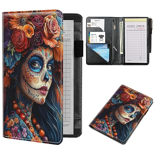 Server Books for Waitress Cute Waitress Book PU Leather Server Book with Zipper Wallet Black Serving Book Organizer Fit Server Apron,Graffiti Woman Skull
