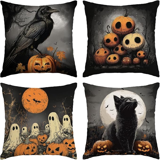 Halloween Pillow Covers 18x18 Set of 4 Sunflower Skulls Decorative Throw Pillows Cover Vintage Skeletons Pumpkin Pillow Cases Home Outdoor Sofa Couch Cushion Covers for Halloween Decor (18 by 18)