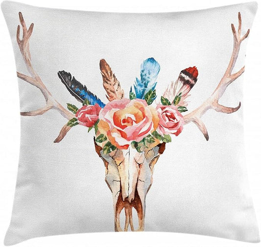 Ambesonne Antler Throw Pillow Cushion Cover, Bohemian Deer Head Skull Ornate with Roses and The Feathers Hand Drawn Art Print, Decorative Square Accent Pillow Case, 16" X 16", Pastel Rose