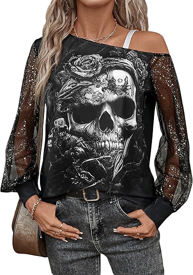 Women's Skull Print Gothic T Shirts Asymmetrical Sparkly Sheer Mesh Long Sleeve Tops