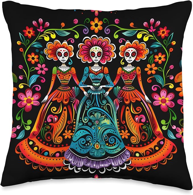 Day of The Dead Sugar Skull Three Women Mexican Festival Throw Pillow