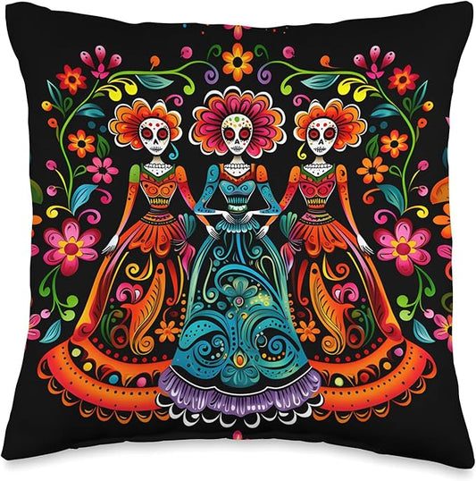 Day of The Dead Sugar Skull Three Women Mexican Festival Throw Pillow