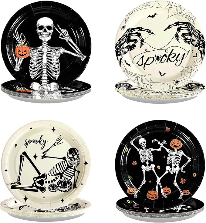 60Pcs Halloween Paper Plates 9" Disposable Black and White Skeleton Spooky Plates Dancing Skeleton Spooky Skull Plate Halloween Party Decorations for Holiday Birthday Trick or Treat Party Supplies