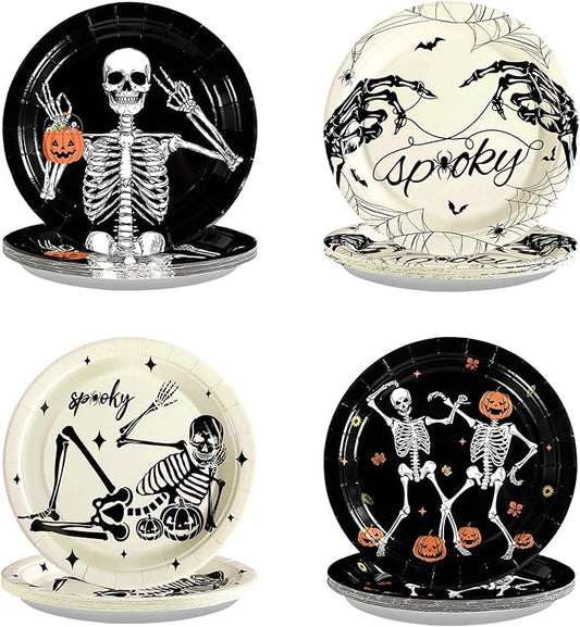 60Pcs Halloween Paper Plates 9" Disposable Black and White Skeleton Spooky Plates Dancing Skeleton Spooky Skull Plate Halloween Party Decorations for Holiday Birthday Trick or Treat Party Supplies