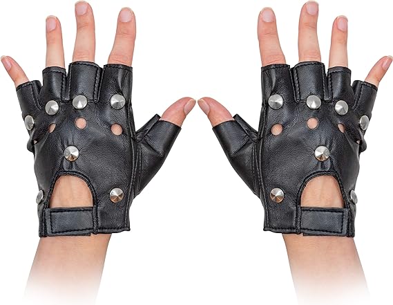 Gothic Fingerless Biker Gloves - 80s Style Black Leather Punk Biker Gloves for Men, Women and Teens