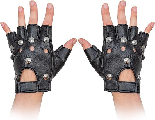 Gothic Fingerless Biker Gloves - 80s Style Black Leather Punk Biker Gloves for Men, Women and Teens