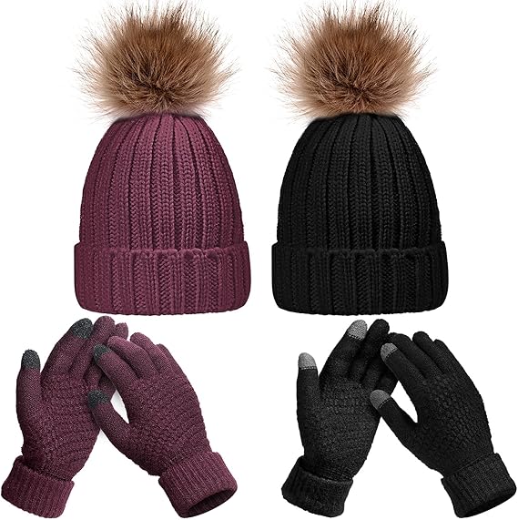 4 Pieces Women Winter Knitted Beanie Hat Glove Set Skull Cap Touchscreen Gloves