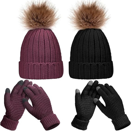 4 Pieces Women Winter Knitted Beanie Hat Glove Set Skull Cap Touchscreen Gloves