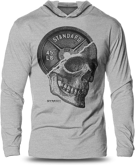 Gymish Lifestyle Weight Lifting Gym Skull Plate Hooded Shirt, Long Sleeve Men's Workout T-Shirt