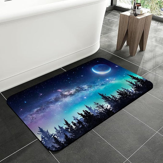 Moon Night Forest Bath Rugs,Milky Way Non-Slip and Absorbent Bathroom Rug Mat,Soft Dry Fast Machine Washable Bath Mats for Bathroom Kitchen Bathtub,Home Decor Accessories,15.7"×23.6"