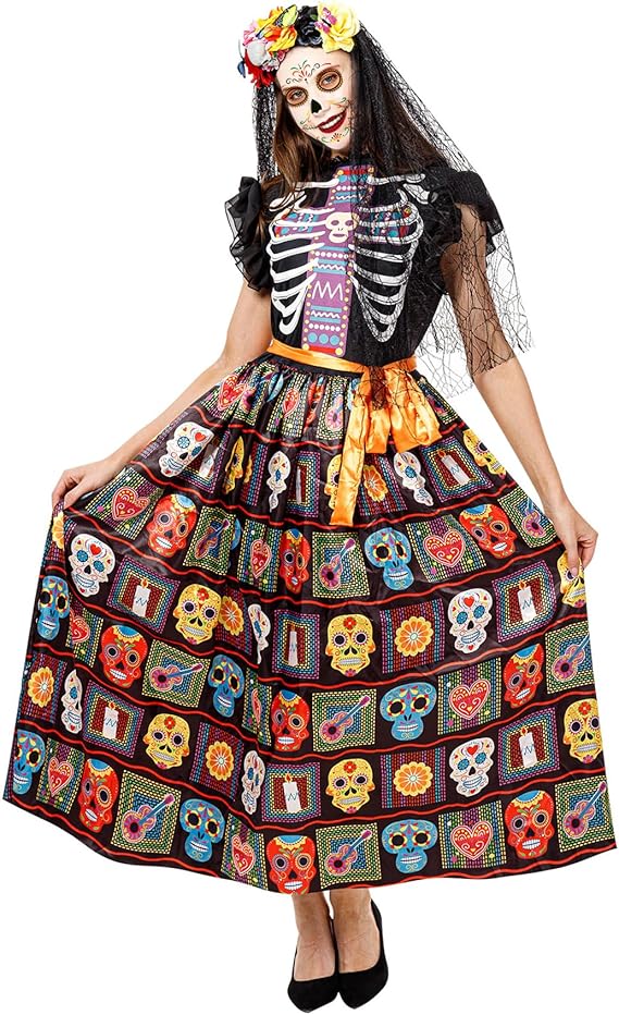 Day of The Dead Costumes Women Skull Dress Skeleton Costume for Women Halloween Dress up with Face Tattoos