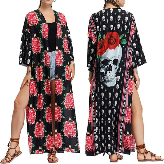 Women's Boho Floral Long Kimono Cardigans Top Casual Loose Maxi Open Front Plus Size Beach Swimsuit Cover Up