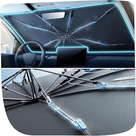 [2025 Upgraded] Nmoiss Windshield Sun Shade Umbrella [Graphene Rapidly Dissipates Heat] 99% UV Blocking Protects Car from Sun and Heat Damage, Keeps Cool and Protects Interior Medium (56" L x 31" W)
