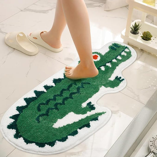 Seek4comfortable Green Crocodile Bath Mat for Bathroom Cute Animals Bath Mats Rug Kids' Room Décor Rugs Non-Slip Door Mat for Home Decor Dino Indoor Mat, Machine Washable