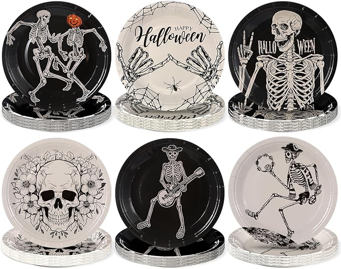 60Pcs Halloween Gothic Party Paper Plates Supplie 7 Inch Smile Pumpkin Victory Skeleton Disposable Dessert Cake Tableware Halloween Holiday Birthday Party Favor for Dinner Event Home Party Decorations
