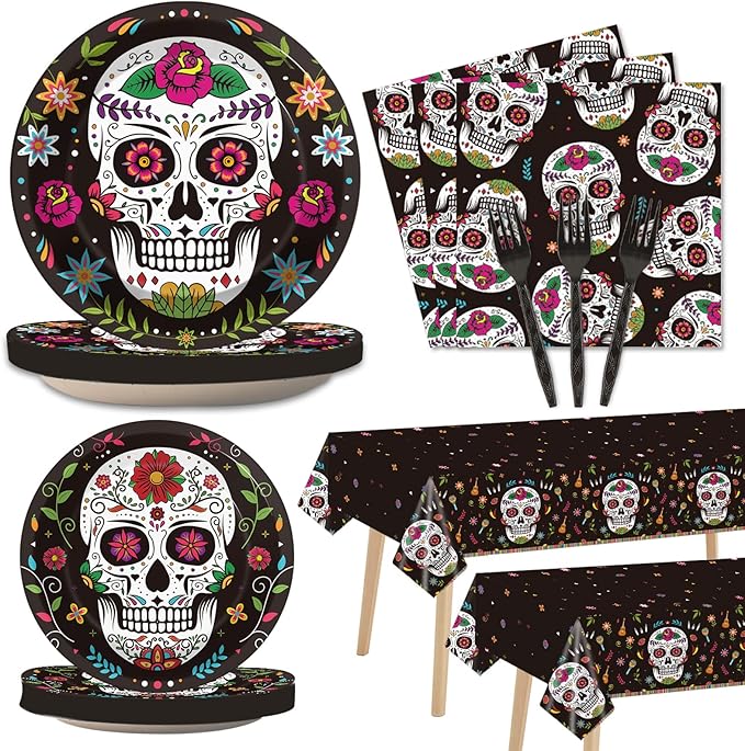 98pcs Day of the Dead Party Supplies Dia de Los Muertos Tablecloth Sugar Skull Tableware Set Plates for Mexican Fiesta Halloween Birthday Party Decor Carnival Tablecover Baby Shower Decorations Favors
